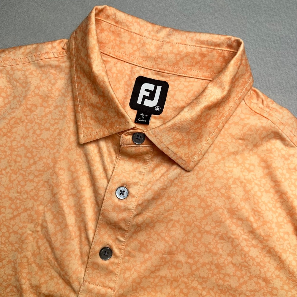 FootJoy Polo Shirt Mens Medium Orange Floral Performance Golf Short Sleeve